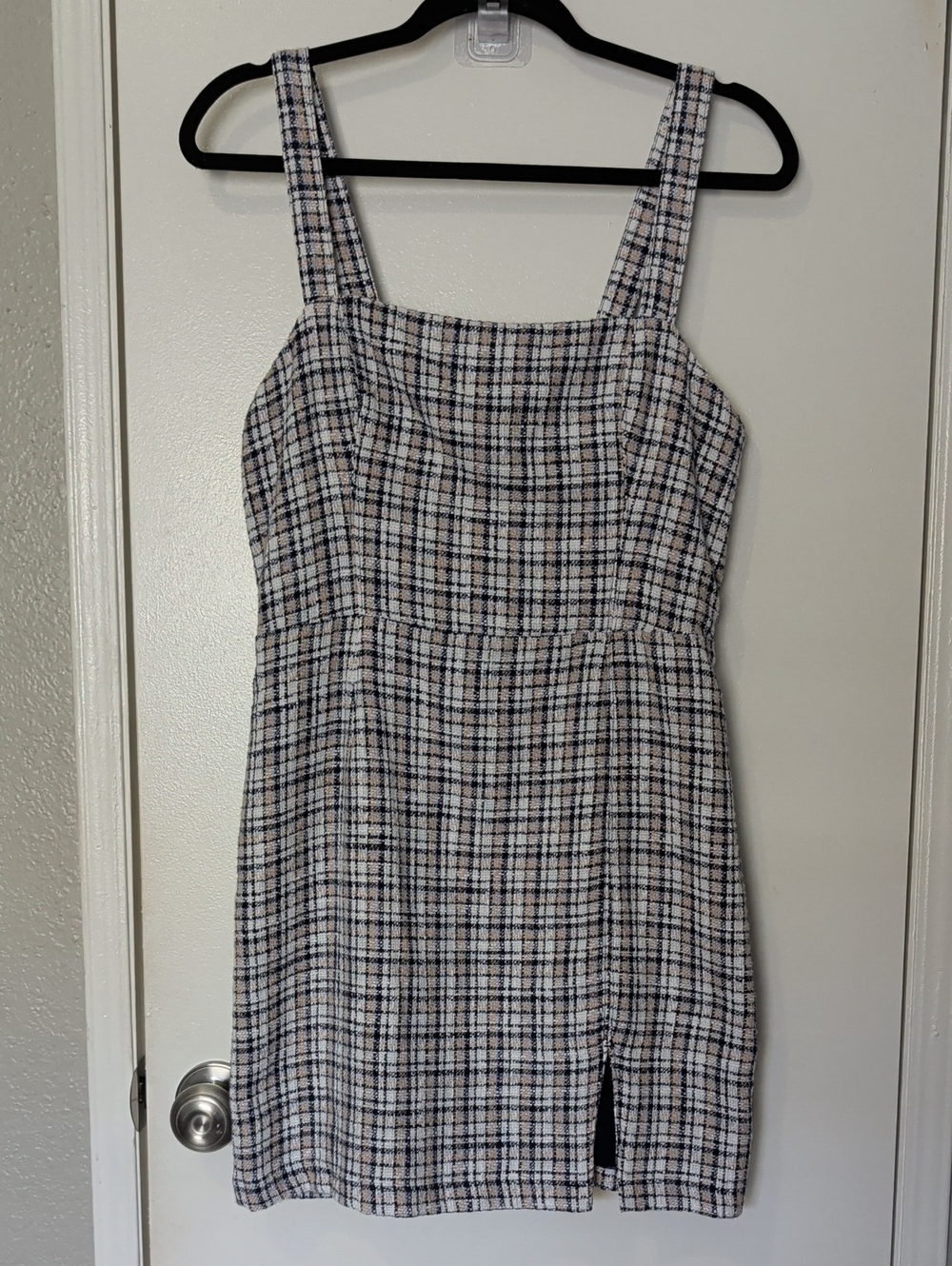 Abercrombie & Fitch Baby Blue and Tan Plaid Mini Dress with Front Slit Size Med